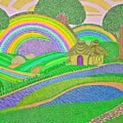 Over The Rainbow Painting Dot Art Rare Colourful Pointillism One Of A Kind Landscape Movie Inspired Happiness Shire Impressionism Abstract Aerial Air Art Beautiful Beauty Blue Calm Cloud Creative Poster