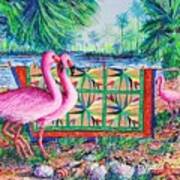 Palm Quilt Flamingos Poster