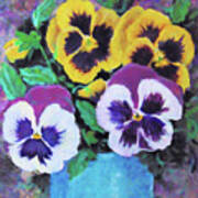 Pansies In Turquoise Pot Poster