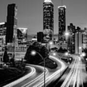 Parkway Light Trails And Atlanta Skyline In Black And White Poster