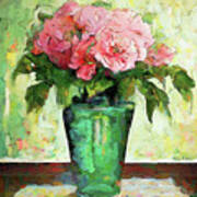 Pink Roses In Green Vase Poster