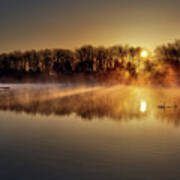 Pond Perfection - Golden Foggy Sunrise At Pond With Geese And Goslings South Of Stoughton Wi Poster
