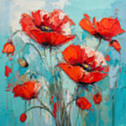 Poppies In Paradise - Turquoise  - White - Red Art Poster