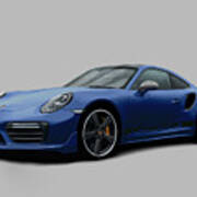 Porsche 911 991 Turbo S Digitally Drawn - Dark Blue With Side Decals Script Poster