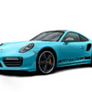 Porsche 911 991 Turbo S Digitally Drawn - Light Blue With Side Decals Script Poster