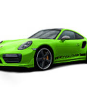 Porsche 911 991 Turbo S Digitally Drawn - Light Green With Side Decals Script Poster