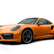 Porsche 911 991 Turbo S Digitally Drawn - Orange With Side Decals Script Poster