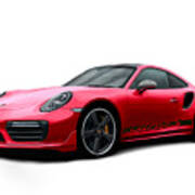 Porsche 911 991 Turbo S Digitally Drawn - Red With Side Decals Script Poster