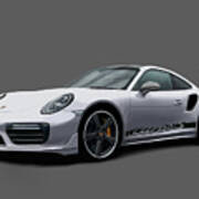 Porsche 911 991 Turbo S Digitally Drawn - Silver With Side Decals Script Poster