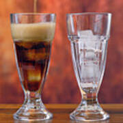 Pouring Cola Soft Drink On Ice In Tall Cafe Glasses. Poster