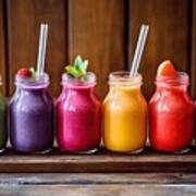 Premium Selection Of Colourful Smoothies On Rustic Wood Background Poster