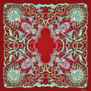 Red And Green Square Semi Abstract Design With Leaves And Leaf Fans Poster