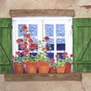 Red Geraniums And Green Shutters Poster