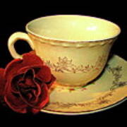 Red Rose On Antique Saucer With Matching Tea Cup Abstract Effect Poster