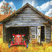 Red Tractor At The Autumn Country Barn Painting Poster