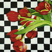 Red Tulips On Checks Poster