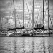 Reflections And Boats At The Harbor In Black And White Poster