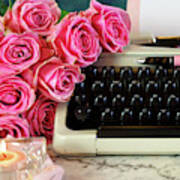Romantic Vintage Writing Scene, Tea Break With Old Typewriter. Poster