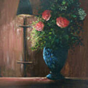 Roses In A Blue Vase Poster