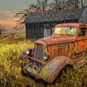 Rusted Red Vintage Truck With Weathered Barn In A Rural Landscape Poster