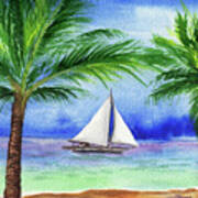 Sailboat Beach Ocean Tropical Paradise Watercolor Landscape Poster