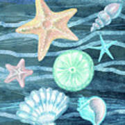 Sea Stars And Shells On Blue Waves Watercolor Beach Art Collection Iii Poster