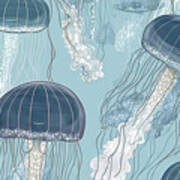 Seamless Pattern With Detailed Transparent Jellyfish. Blue Sea J Poster