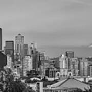 Seattle Skyline And Mt. Rainier Panoramic Black And White Poster