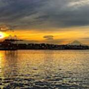 Seattle Waterfront And Mt Rainier Sunrise Poster