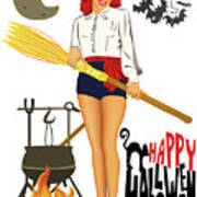 Sexy Pinup Witch With Broom Poster