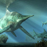 Shastasaurus Chasing Sharks Poster