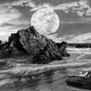 Shipwreck Under The Moon Black And White Poster