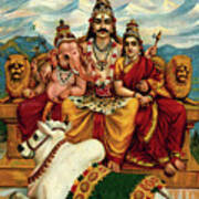 Shiva, Parvati And Ganesha Enthroned On Mount Kailas With Nandi The Bull Poster