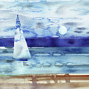 Sky Blue Aqua Sailboat At The Ocean Shore Seascape Painting Beach House Watercolor Poster