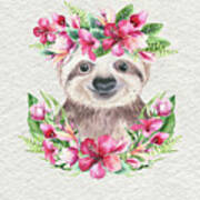 Sloth With Flowers Poster
