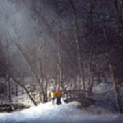 Snowy Moonlit Walk Over A Minnehaha Creek Bridge Poster