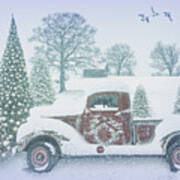 Snowy Pale Red Truck Poster