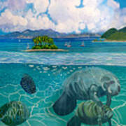 South Pacific Paradise With Manatees Towel Version Poster