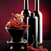 Still Life With Berries Of Viburnum Red And Bottles Poster
