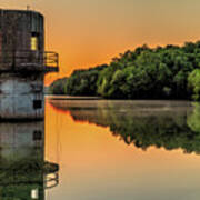 Stone Water Tower At Sunrise Over Lake Fayetteville Poster