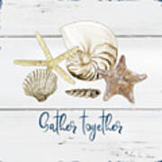 Summer Seas 4 Gather Together Seashells On White Wood Poster
