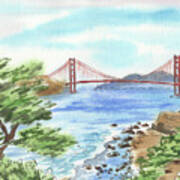 Sunny Day In San Francisco Bay Golden Gate Bridge Watercolor Poster