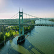 Sunrise Aerial Of St. Johns Bridge's Gothic Towers, Long Shadows, And Vivid Blue Sky In Portland. Poster