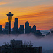 Sunrise Seattle Skyline Above The Fog Poster