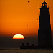 Sunset At Frankfort North Breakwater Lighthouse Poster