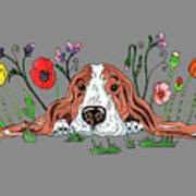 Super Cute Adorable Watercolor Basset Puppy Dog Lying In The Flowers Poster