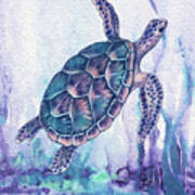 Swimming Free In The Purple Sea Giant Turtle Watercolor Poster