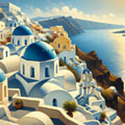 The Serene Blue Domes And White Walls Of Santorini, Greece, With The Aegean Sea In The Background Poster