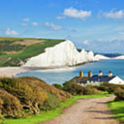 The Seven Sisters Cliffs And Coastguard Cottages, South Downs, East Sussex, England Poster