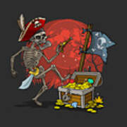 The Skeleton Pirate And The Treasure, Funny Halloween Party Illustration Poster